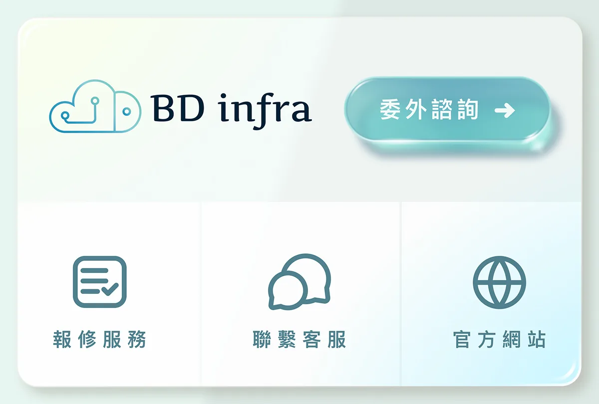 崧碩資訊 BD infra 的設計師手繪 LINE 圖文選單，上方為 Logo 與委外諮詢按鈕，下方三格為報修服務、聯繫客服與官方網站